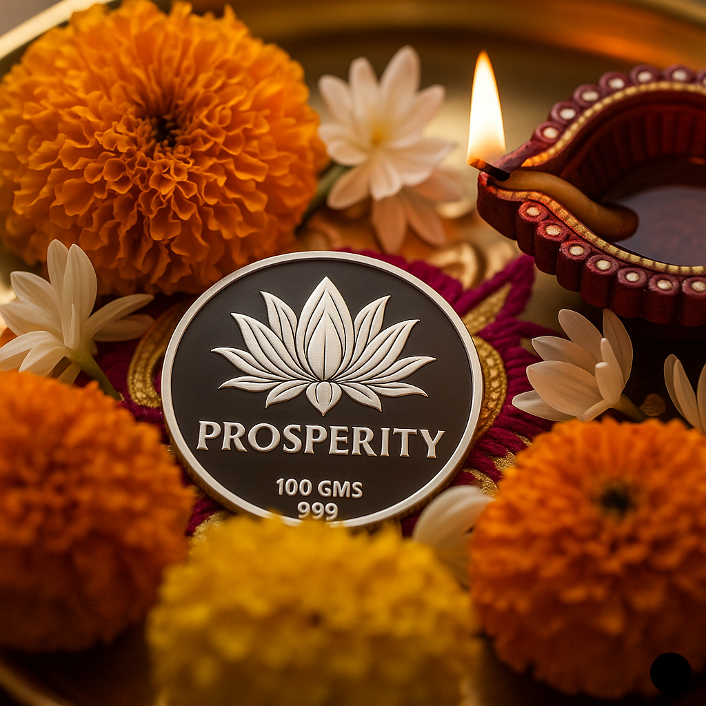 Silver coin with 'Prosperity' text surrounded by marigold flowers and a lit candle.